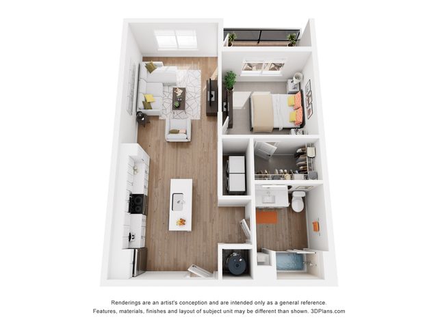 Modern 3D floor plan showcasing a cozy 1-bedroom apartment with open-concept living area, stylish kitchen, and spacious bathroom.