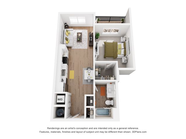 Contemporary 3D floor plan showcasing a cozy one-bedroom apartment with an open-concept kitchen and living area, a spacious bathroom, and private balcony access.