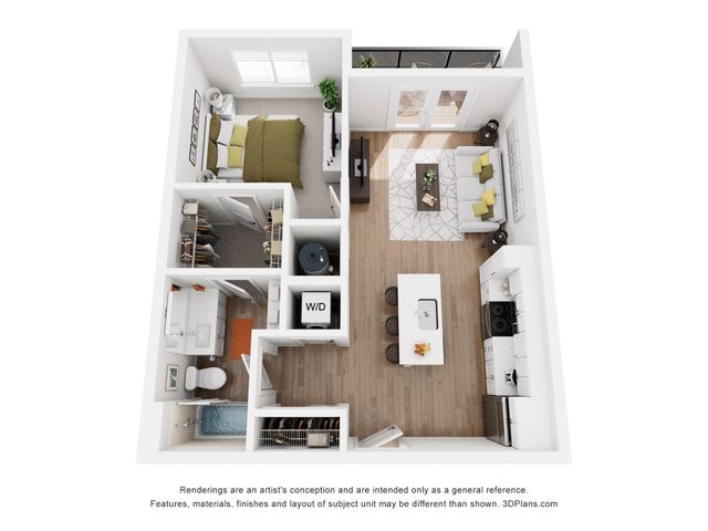 Modern floor plan showcasing an airy one-bedroom apartment with open-concept living space, sleek kitchen, and cozy living room. Includes in-unit washer and dryer, spacious bathroom, and a private balcony.