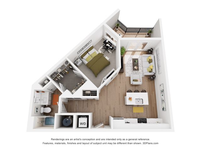 Modern 3D floor plan featuring a spacious one-bedroom layout with an open-concept living area and balcony, showcasing contemporary design and functionality.