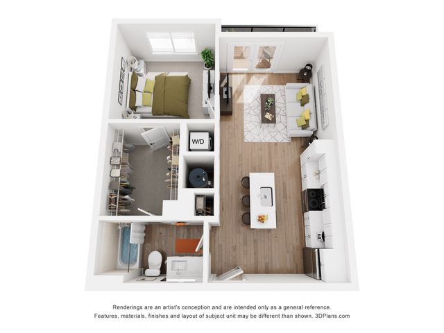 Chic 3D floor plan featuring a modern one-bedroom apartment with spacious walk-in closet, cozy living room, functional kitchen with island, and elegant bathroom.