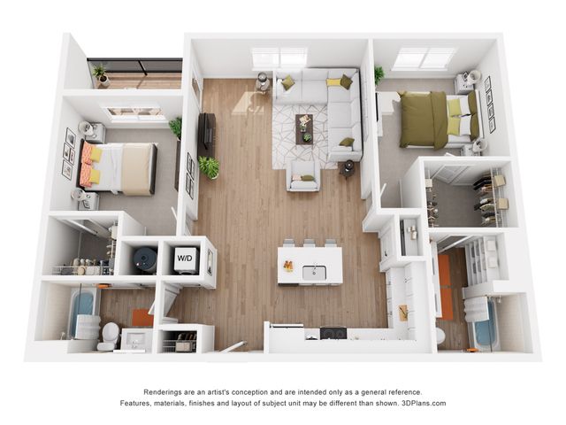 Modern 3D floor plan showcasing 2 elegant bedrooms, spacious open-concept living area, sleek kitchen with island, and two stylish bathrooms.