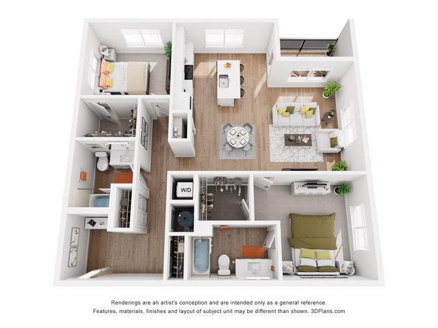Modern 3D floor plan showcasing 2 bedrooms, open-concept living and dining area, sleek kitchen with breakfast bar, and private balcony.