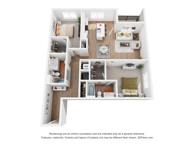 Modern 3D floor plan featuring 2 bedrooms, spacious living room, sleek kitchen with island, and cozy balcony.
