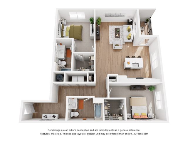 Contemporary 3D floor plan showcasing a two-bedroom apartment with a modern open-concept living area, sleek kitchen island, and two stylish bathrooms.