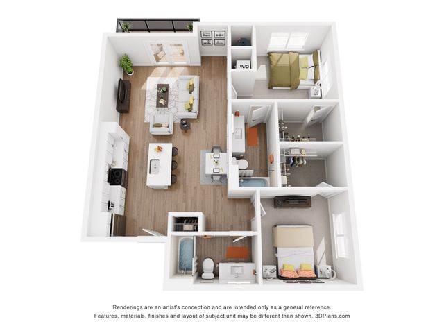 Contemporary 3D floor plan with 2 bedrooms, spacious living area, modern kitchen, and cozy balcony.