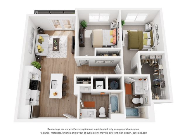 Contemporary 3D floor plan showcasing two cozy bedrooms, an open-concept kitchen with an island, stylish living area, and two modern bathrooms.