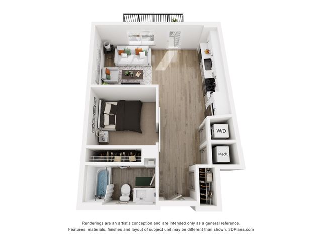 Chic 3D floor plan showcasing a cozy one-bedroom layout with an open living area, modern kitchen, and private balcony.