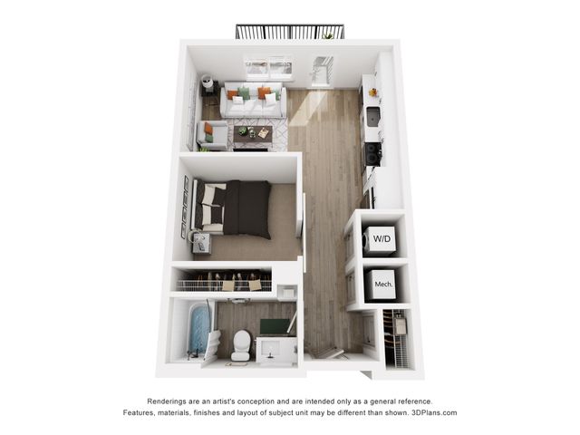 Modern 3D floor plan of a compact apartment featuring a cozy bedroom, an inviting living room, a sleek kitchen, and convenient washer/dryer area.