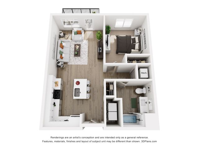 Elegant 3D floor plan featuring a cozy bedroom, modern kitchen with island, and spacious living area with balcony access.