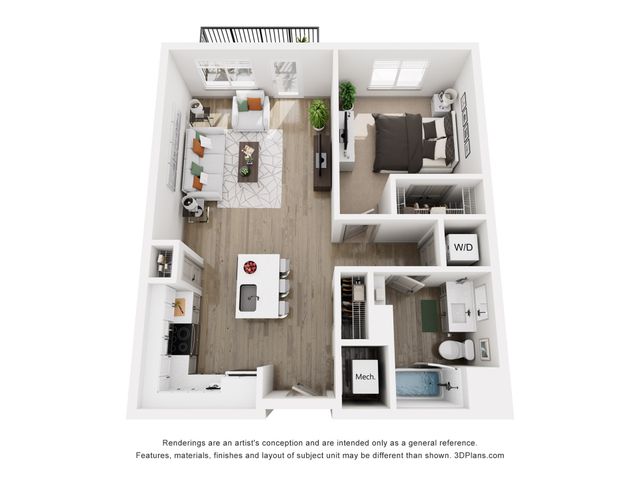 Modern 3D floor plan showcasing a spacious one-bedroom apartment with a chic open-concept living area, stylish kitchen, and a cozy balcony.