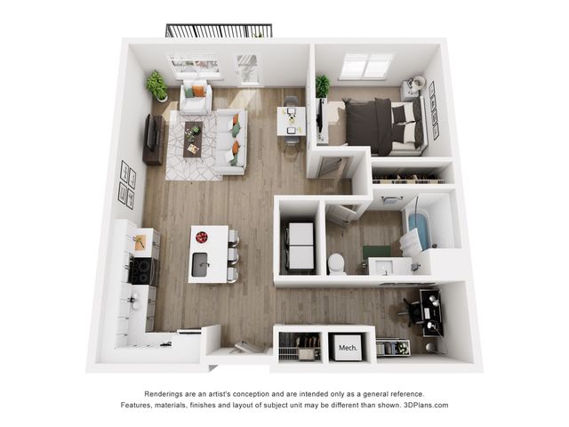 Modern 3D floor plan showcasing a cozy one-bedroom apartment with an open-concept living area, sleek kitchen, and a stylish home office space.