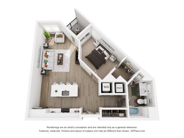 Modern 3D floor plan showcasing a spacious one-bedroom apartment with an open-concept living area, stylish kitchen with island, and a cozy outdoor balcony.