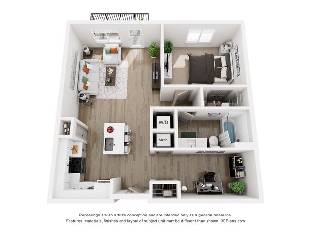 Modern apartment floor plan showcasing an open living room, cozy bedroom, functional kitchen, and private home office. Bright natural lighting and stylish decor enhance this inviting space.