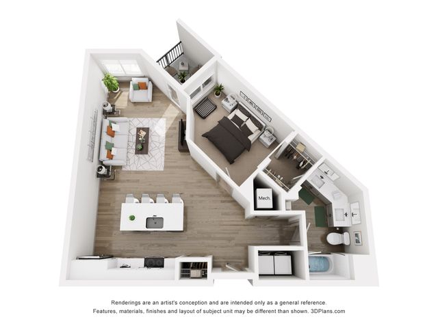 Contemporary 3D floor plan featuring 1 bedroom, modern kitchen, chic living area, and spacious bathroom layout.