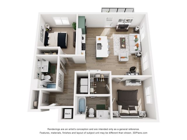 Modern 3D floor plan showcasing an inviting two-bedroom apartment with an open-concept living and dining area, a sleek kitchen island, and a private balcony.