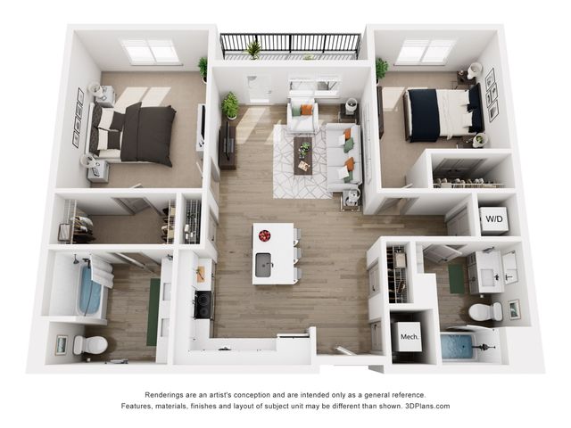 Modern 3D floor plan showcasing 2 spacious bedrooms, elegant open-concept living and dining area, fully-equipped kitchen, and private balcony.