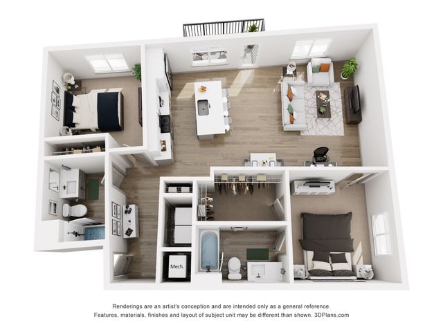 Modern 3D floor plan showcasing a spacious apartment with two bedrooms, open-concept living and dining area, stylish kitchen, and two bathrooms.