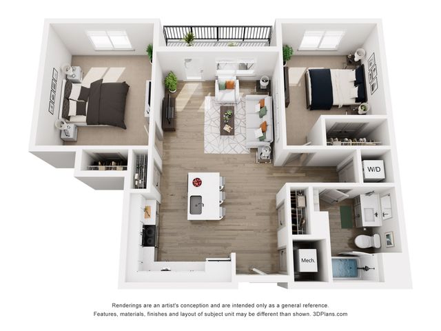 Modern 3D floor plan showcasing 2 spacious bedrooms, an inviting open-concept living area, and a stylish kitchen with island seating.