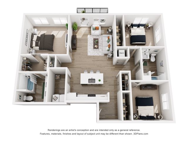 Elegant 3D floor plan showcasing a sophisticated apartment with two spacious bedrooms, an open-concept living and dining area, modern kitchen, two bathrooms, and ample storage space.