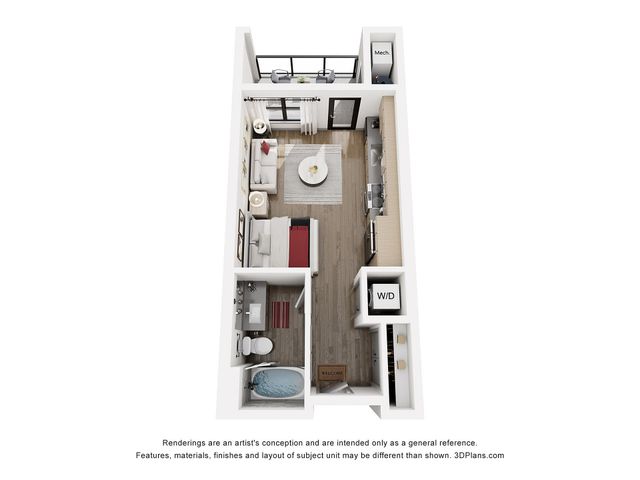 Contemporary 1 bedroom apartment floor plan with open-concept kitchen, cozy living area, and modern bathroom.