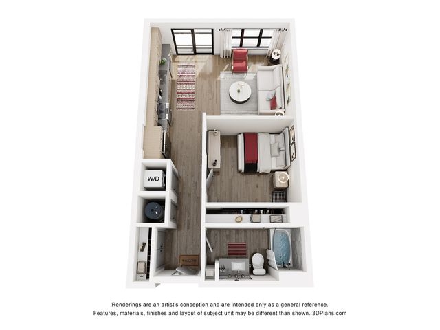 Modern 3D floor plan featuring a cozy bedroom, inviting living area, elegant kitchen, and sleek bathroom with contemporary design.