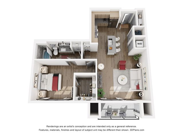 Chic 3D floor plan showcasing 1 bedroom, modern kitchen with island, elegant living area, and private balcony.
