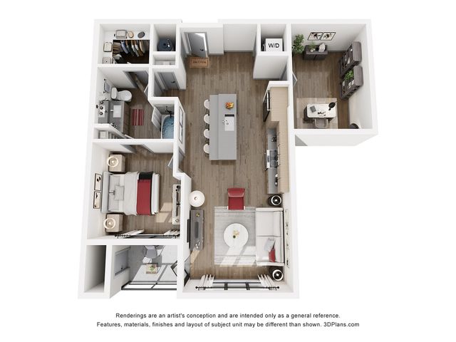 Elegant 3D floor plan featuring a modern 1-bedroom, stylish open-plan living, dining area, and a chic office space.