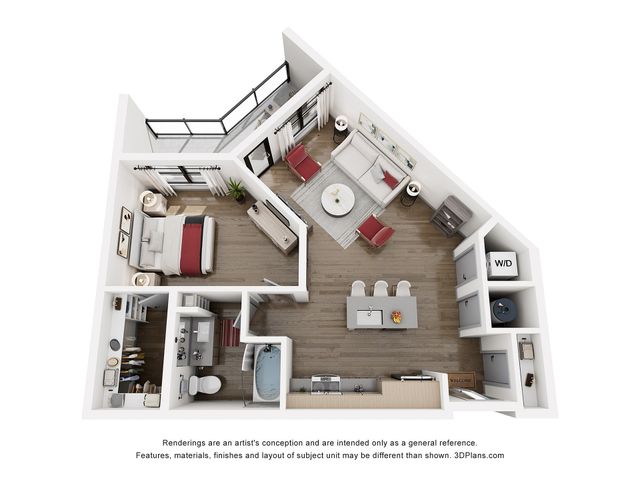Modern 3D floor plan showcasing a chic one-bedroom apartment with an open-concept living area, stylish kitchen, and private balcony.