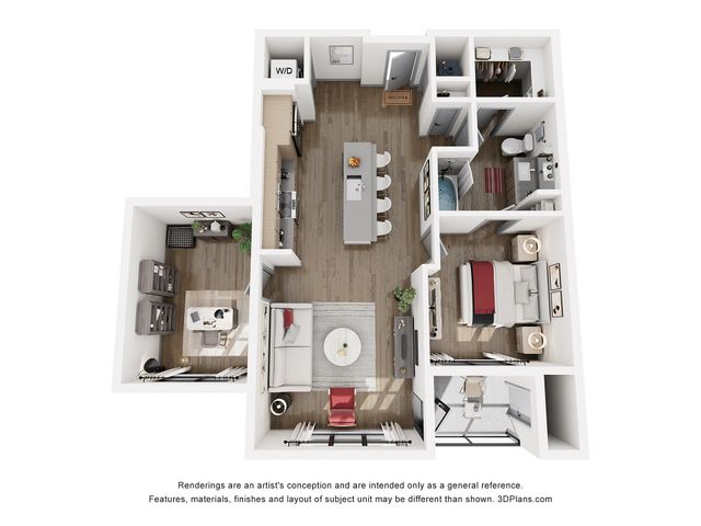 Chic 3D floor plan showcasing 1 bedroom, a cozy living area, sleek kitchen with island, modern bathroom, and versatile home office space.