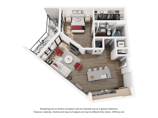 Modern 3D floor plan featuring a cozy bedroom, stylish living room, open kitchen, and a relaxing balcony. Includes washer and dryer setup for convenience.