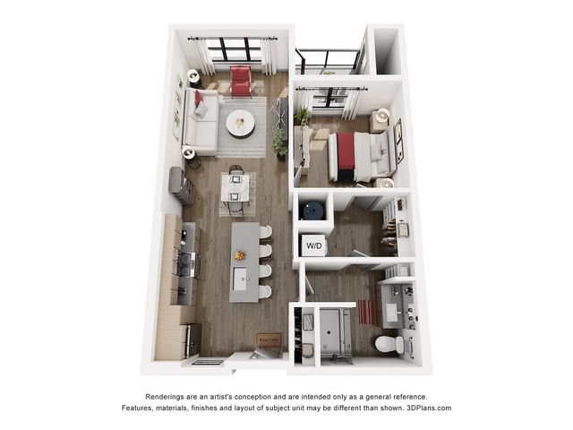 Modern 3D floor plan showcasing a cozy one-bedroom apartment with an open-concept living area, stylish kitchen, and convenient in-unit washer/dryer.
