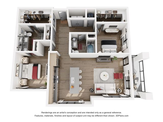 Modern floor plan with 2 bedrooms, open living area, sleek kitchen island, and two bathrooms, perfect for stylish living.