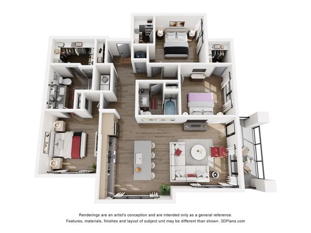 Modern 3D floor plan displaying 3 bedrooms, 2 bathrooms, an open-concept kitchen, and a stylish living area with balcony access.