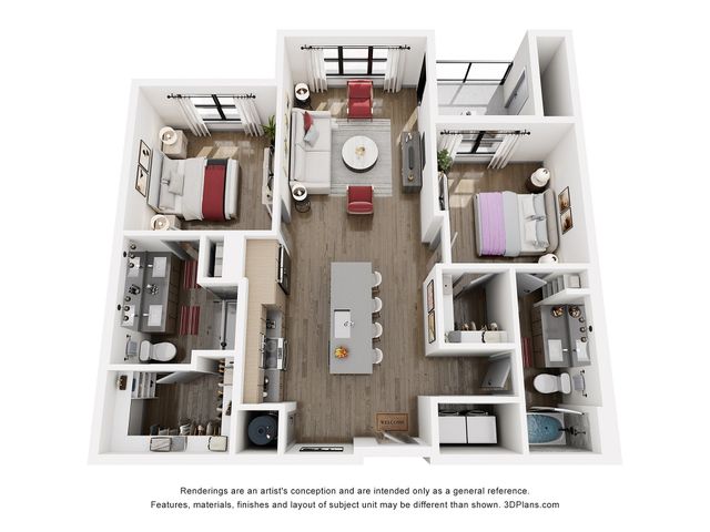 Elegant 3D floor plan showcasing two bedrooms, cozy open-concept living area, modern kitchen with island, and two luxurious bathrooms.
