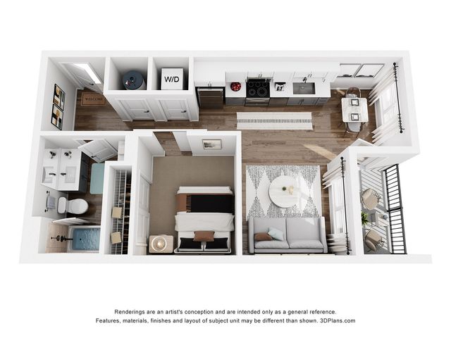 Chic 3D floor plan featuring a modern apartment with a cozy bedroom, stylish bathroom, open kitchen, and inviting living area with access to a private balcony.