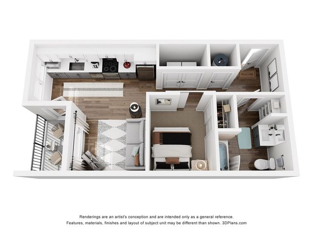 Modern 3D floor plan showcasing a cozy one-bedroom apartment with a sleek kitchen, inviting living room, and a private balcony, perfect for contemporary urban living.