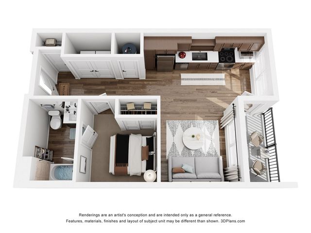 Chic 3D floor plan showcasing a modern 1-bedroom apartment with a sleek kitchen, cozy living area, full bathroom, and private balcony. Ideal for stylish urban living.