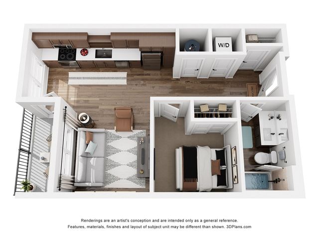Modern 3D apartment layout featuring a sleek kitchen, cozy living area, inviting bedroom, and a stylish bathroom with luxury finishes.