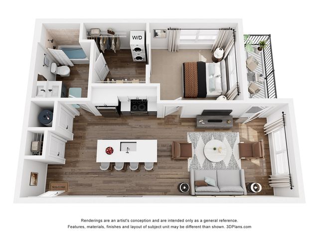 Modern 3D floor plan of a chic 1-bedroom apartment featuring an open-concept living and dining area, stylish kitchen, cozy bedroom, and private balcony.