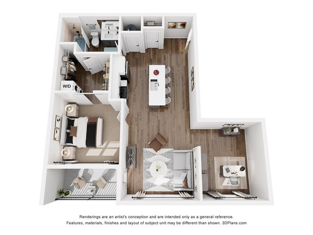 Modern 3D floor plan with one bedroom, stylish kitchen, spacious living area, and cozy balcony, offering a blend of comfort and elegance.