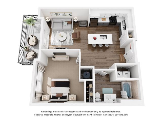 Chic 3D floor plan showcasing 1 bedroom apartment with modern kitchen, inviting living area, and cozy balcony.