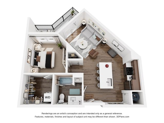 Modern 3D floor plan showcasing a cozy one-bedroom apartment with an elegant open-concept kitchen and living area, stylish bathroom, and convenient in-unit laundry with a balcony.