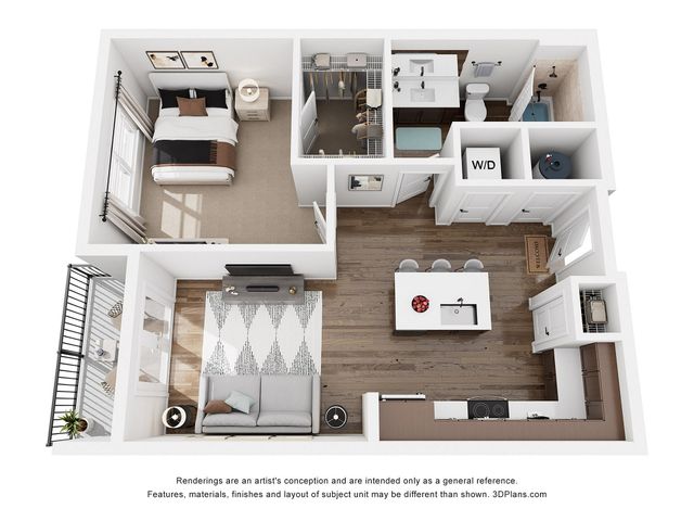 Charming apartment floor plan showcasing a cozy bedroom, modern kitchen with island, spacious living room, and inviting balcony.