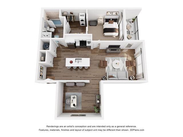Modern 3D floor plan showcasing a stylish 1-bedroom apartment with open-concept kitchen, cozy living area, and balcony.
