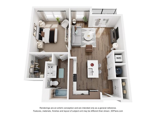 Chic 3D floor plan showcasing a cozy one-bedroom apartment with a stylish open-concept living area, modern kitchen, and inviting balcony.