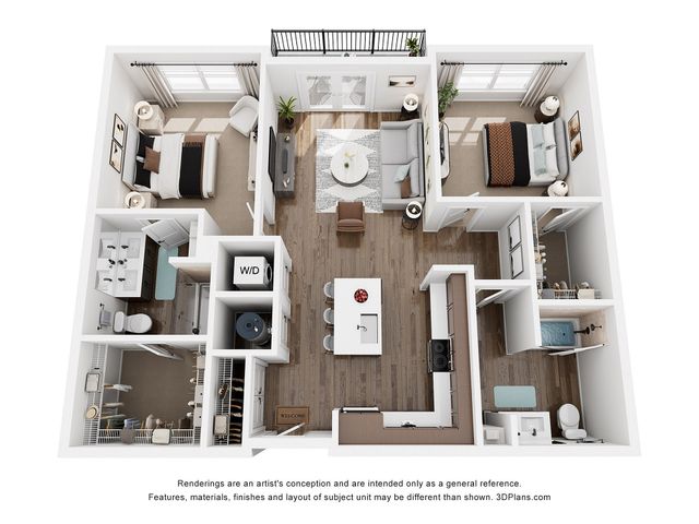 Modern open-concept 3D floor plan featuring two cozy bedrooms, a stylish kitchen with an island, and an inviting living room with balcony access.