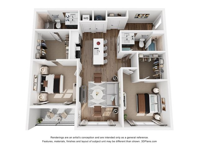 Modern 3D floor plan featuring 2 bedrooms, a spacious open-concept living and dining area, kitchen, and private patio access.