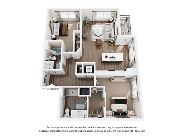 Modern 3D floor plan featuring 2 bedrooms, elegant open-concept living room, and a stylish kitchen with breakfast bar.