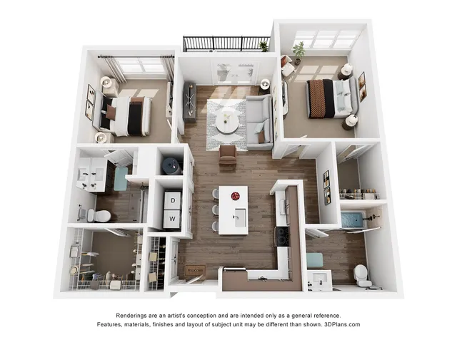 Modern 3D floor plan showcasing two bedrooms, open-concept living and dining area, and a stylish kitchen with sleek countertops.